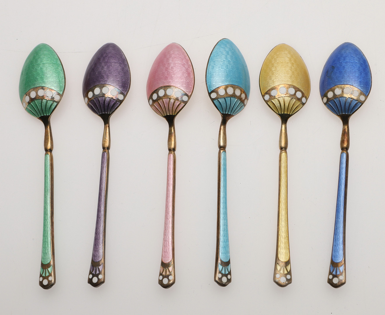 TWO CASED SETS OF SIX SILVER & ENAMEL TEA/ COFFEE SPOONS. - Image 6 of 10