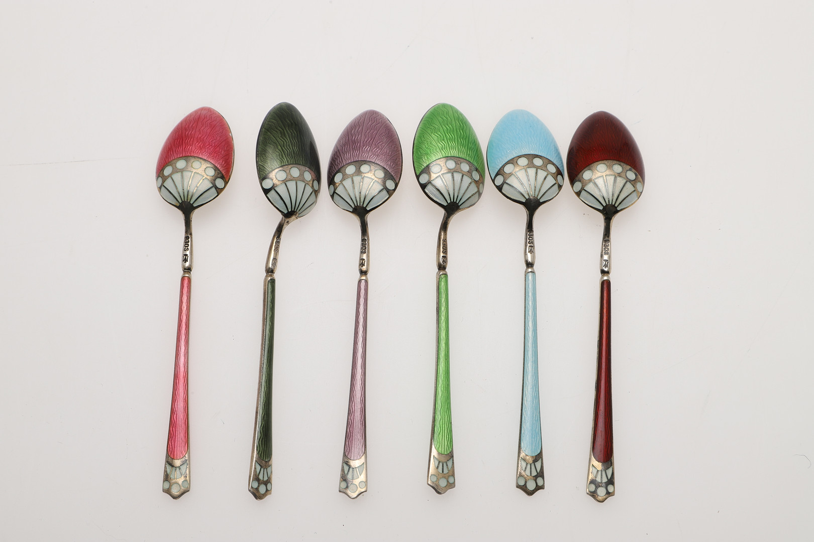 TWO CASED SETS OF SIX SILVER & ENAMEL TEA/ COFFEE SPOONS. - Image 9 of 10