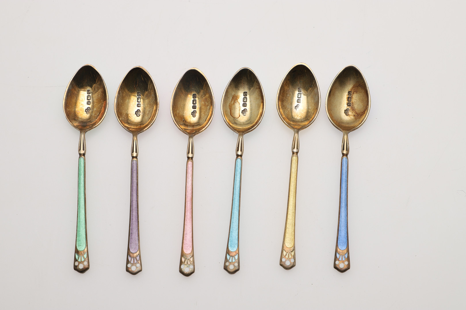 TWO CASED SETS OF SIX SILVER & ENAMEL TEA/ COFFEE SPOONS. - Image 5 of 10