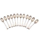 A SET OF TWELVE LATE 18TH/ EARLY 19TH CENTURY CONTINENTAL SILVER DESSERT SPOONS.