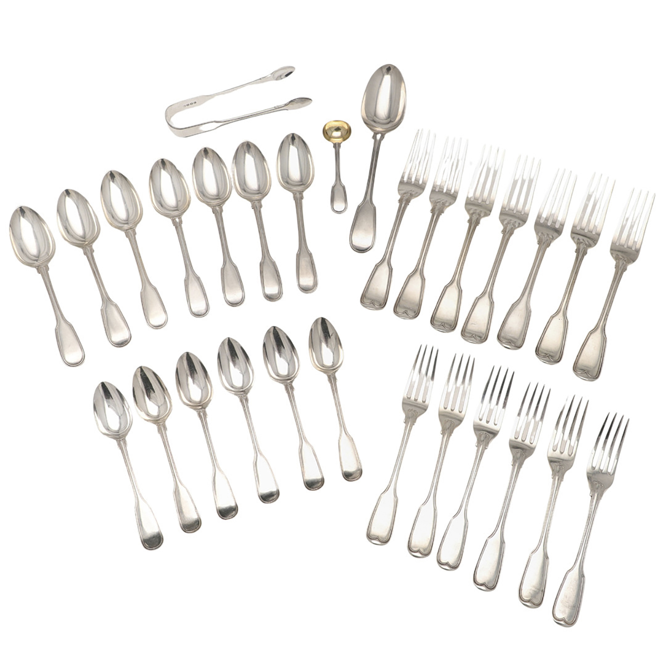 A MATCHED PART-CANTEEN OF FIDDLE & THREAD PATTERN SILVER FLATWARE.