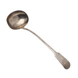 A GEORGE III WEST-COUNTRY PROVINCIAL SILVER SOUP LADLE.