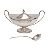 A GEORGE III SILVER TWO-HANDLED SAUCE TUREEN & COVER.
