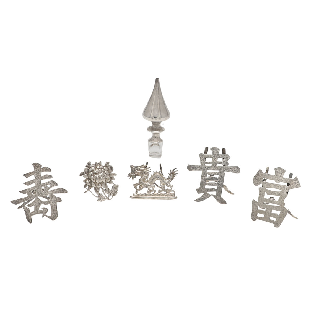 FIVE LATE 19TH/ EARLY 20TH CENTURY CHINESE SILVER MENU CARD HOLDERS.