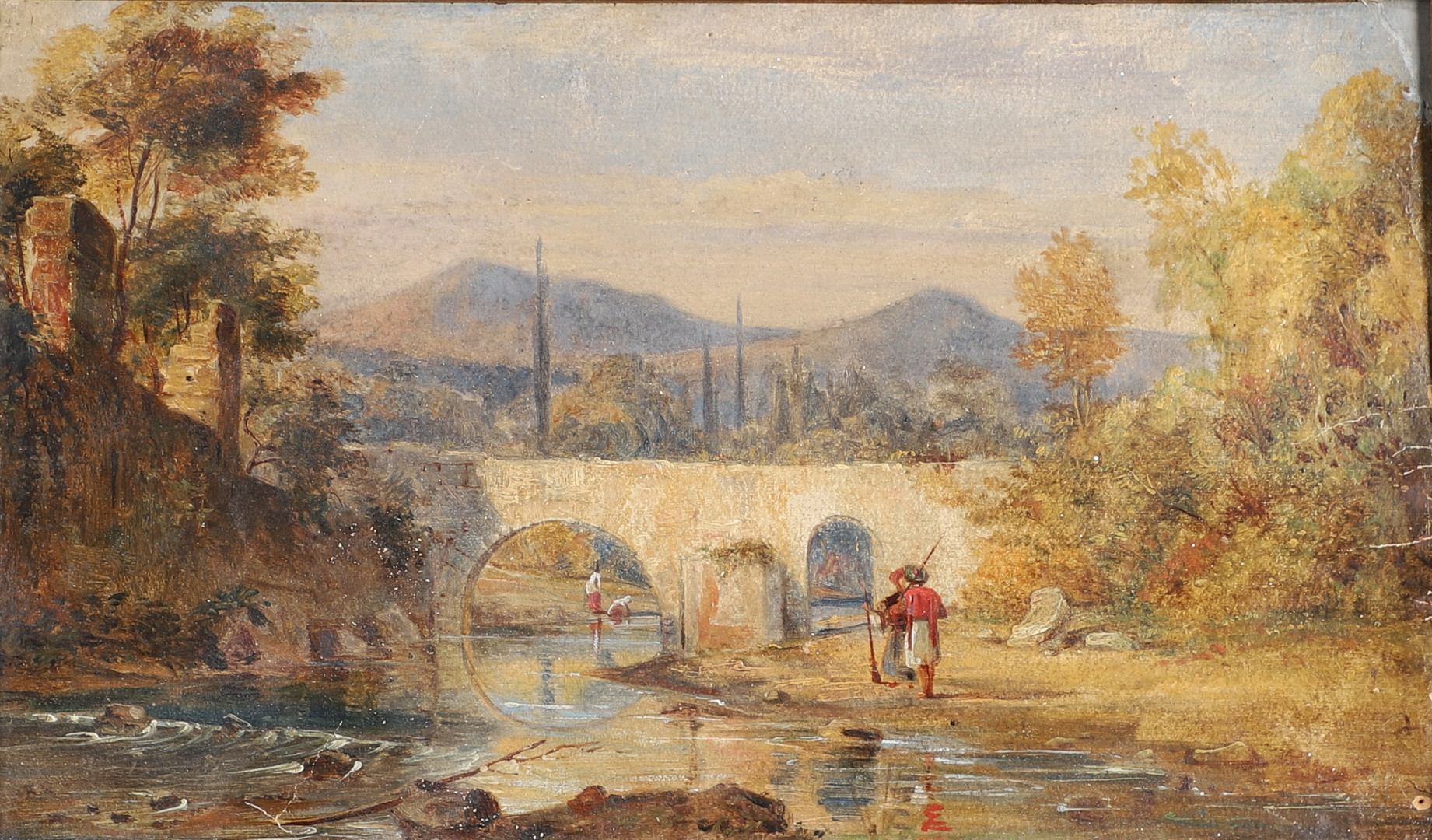 WILLIAM LINTON, RBA (1791-1876). Follower of. TWO FIGURES, WITH MUSKETS, BY A STONE BRIDGE NEAR RUIN - Image 2 of 4