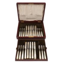 A CASED & MATCHED PART-SET OF MOTHER-OF-PEARL HANDLED SILVER DESSERT OR FRUIT KNIVES & FORKS.