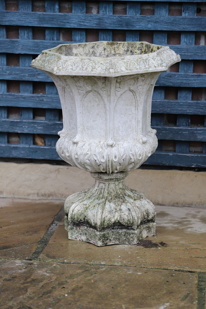 A PAIR OF FRENCH PAINTED BUFF TERRACOTTA URNS. - Image 2 of 11