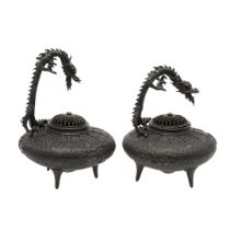 PAIR OF BRONZE JAPANESE INCENSE BURNERS.