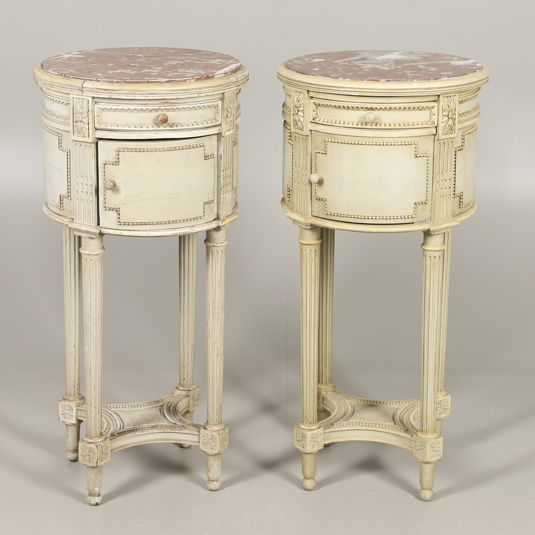 A PAIR OF FRENCH MARBLE TOP PAINTED POT CUPBOARDS.