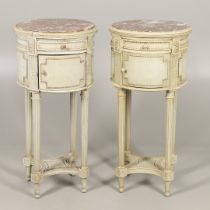 A PAIR OF FRENCH MARBLE TOP PAINTED POT CUPBOARDS.