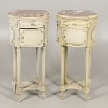 A PAIR OF FRENCH MARBLE TOP PAINTED POT CUPBOARDS.