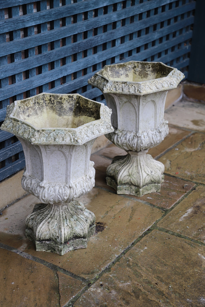 A PAIR OF FRENCH PAINTED BUFF TERRACOTTA URNS. - Image 9 of 11