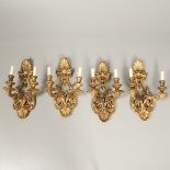 A SET OF FOUR 19TH CENTURY GILTWOOD TWIN BRANCH WALL LIGHTS.