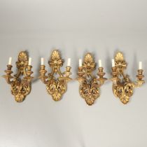 A SET OF FOUR 19TH CENTURY GILTWOOD TWIN BRANCH WALL LIGHTS.