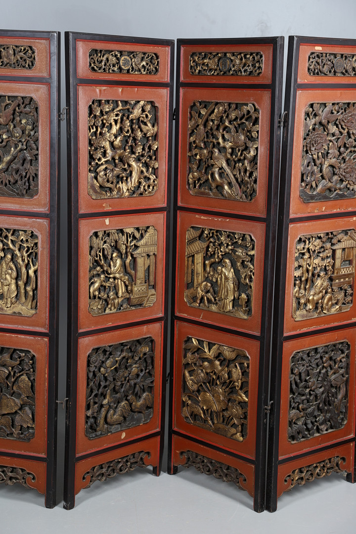 A CHINESE CARVED AND LACQUERED SIX FOLD SCREEN. - Image 3 of 24