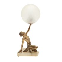 ART DECO FIGURAL TABLE LAMP & GLASS SHADE.