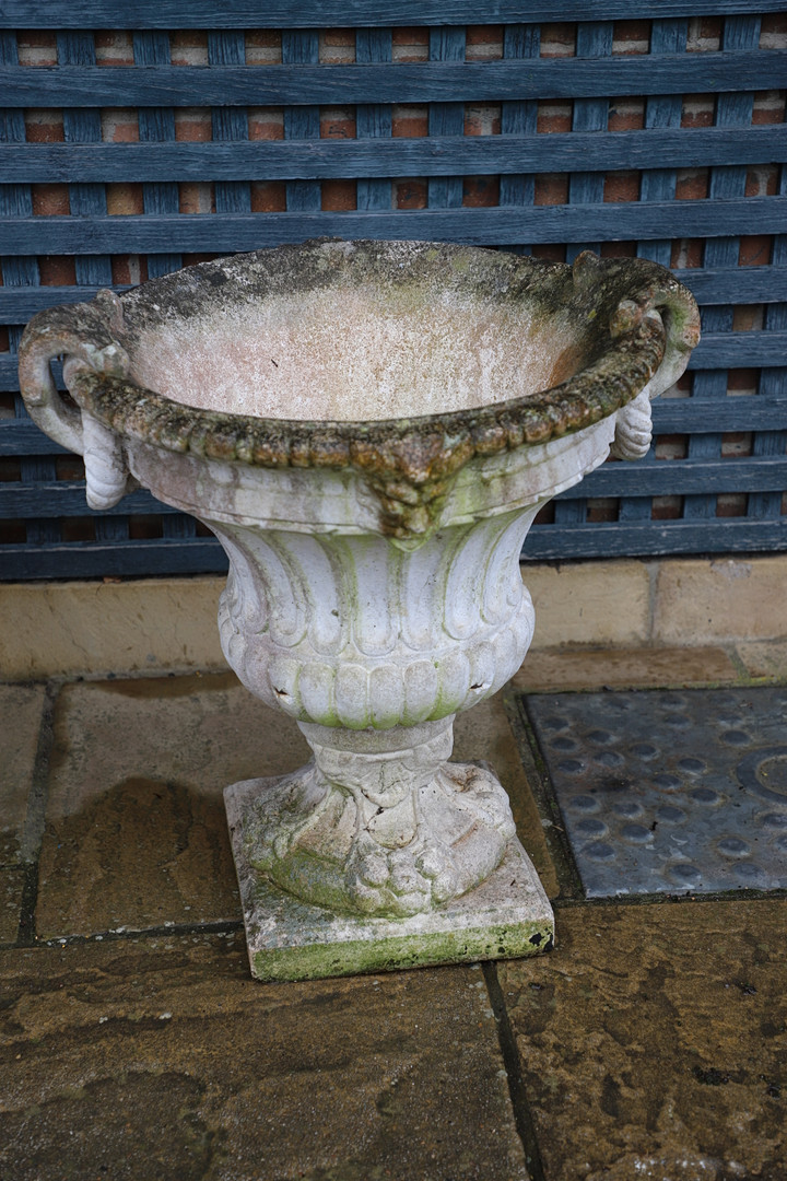 A PAIR OF PAINTED COMPOSITE MARBLE CAMPANA STYLE URNS. - Image 3 of 11