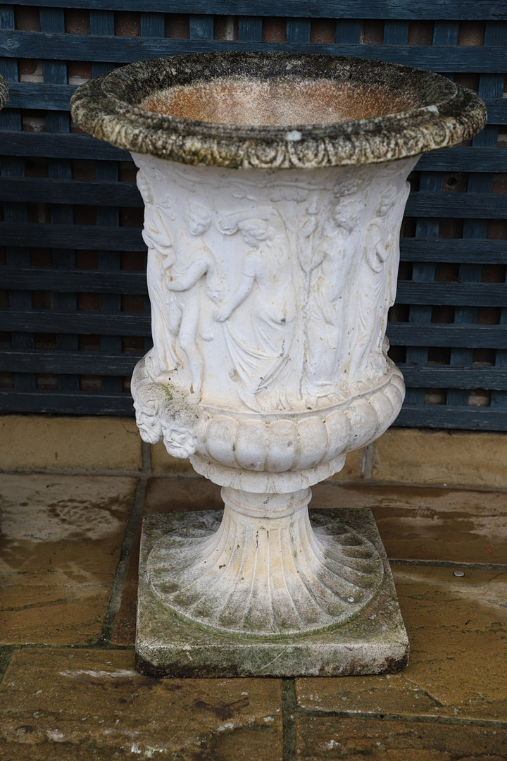 A PAIR OF PAINTED COMPOSITE MARBLE MEDICI STYLE URNS. - Image 10 of 13