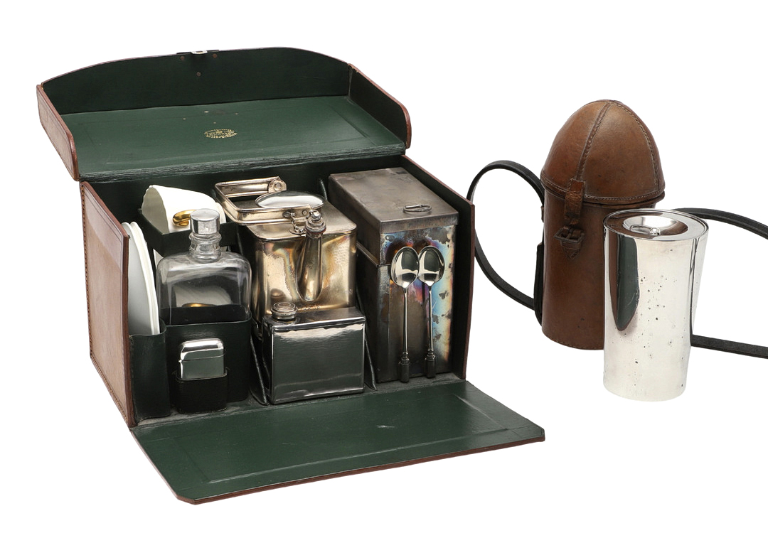 EARLY 20THC LEATHER CASED PICNIC SET BY J C VICKERY, & CASED DRINKING SET.