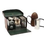 EARLY 20THC LEATHER CASED PICNIC SET BY J C VICKERY, & CASED DRINKING SET.