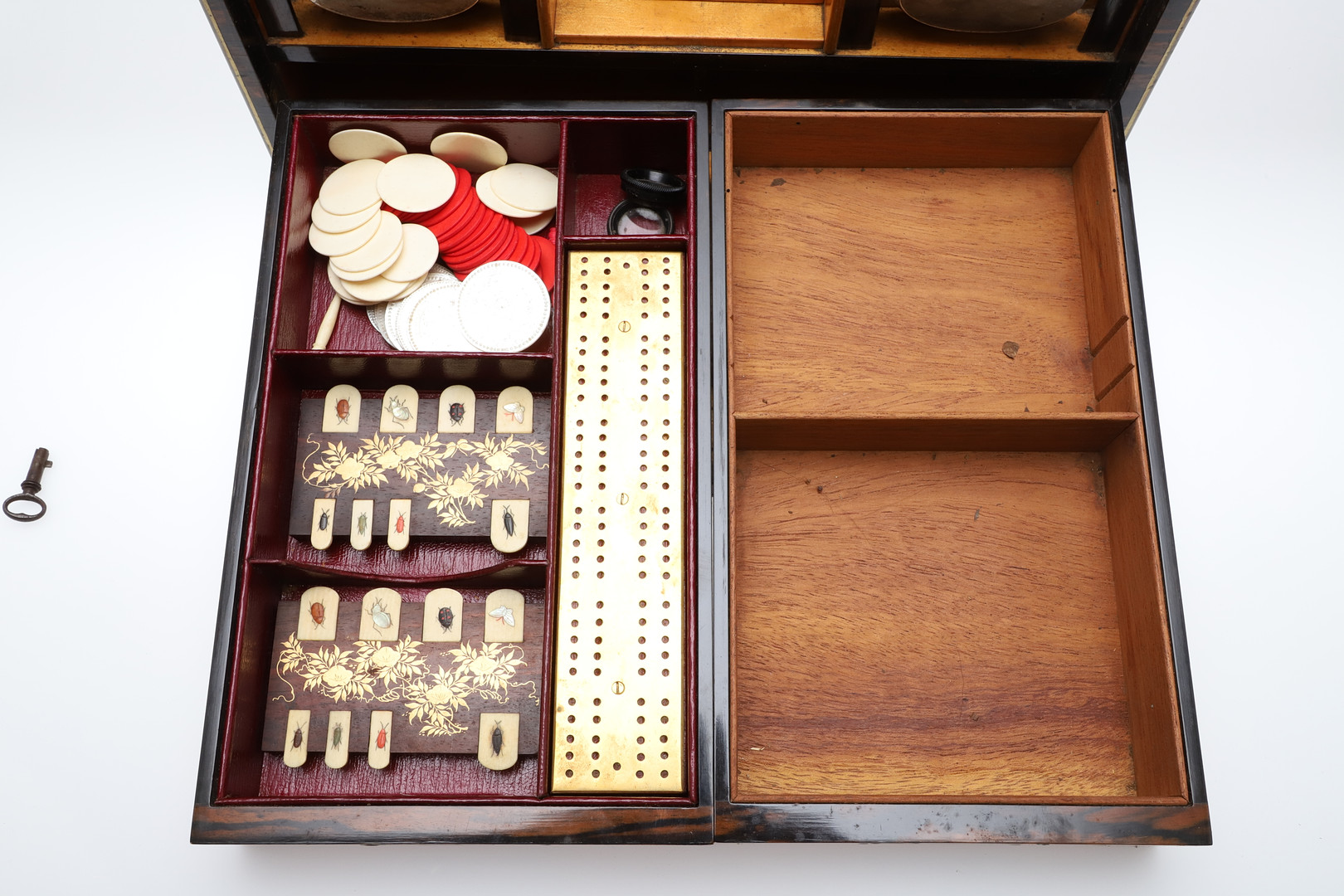 A LATE 19TH CENTURY COROMANDEL AND BRASS BOUND GAMES TANTALUS. - Image 10 of 35