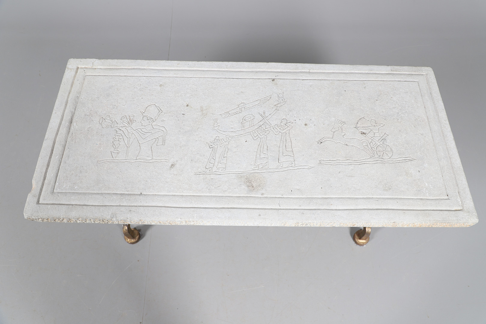 GILBERT POILLERAT - CARVED STONE & GILT IRON COFFEE TABLE. - Image 2 of 9