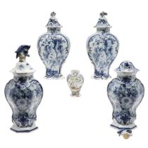 TWO PAIRS OF ANTIQUE DELFT VASES & ANOTHER VASE.