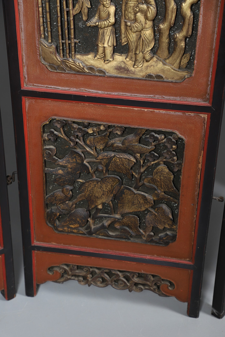A CHINESE CARVED AND LACQUERED SIX FOLD SCREEN. - Image 11 of 24