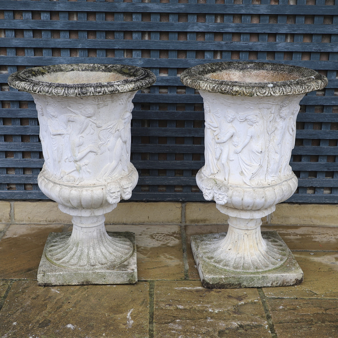 A PAIR OF PAINTED COMPOSITE MARBLE MEDICI STYLE URNS. - Image 2 of 13