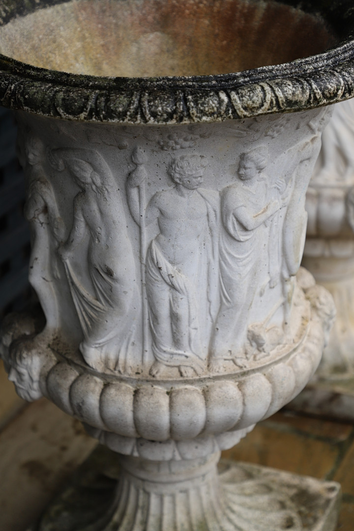 A PAIR OF PAINTED COMPOSITE MARBLE MEDICI STYLE URNS. - Image 9 of 13