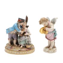 MEISSEN FIGURE GROUP & A WINGED CHERUB.