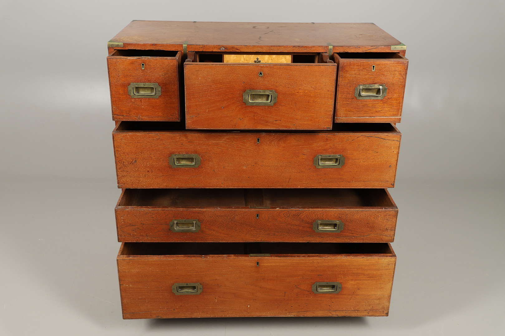 A 19TH CENTURY TEAK CAMPAIGN CHEST. - Image 6 of 13