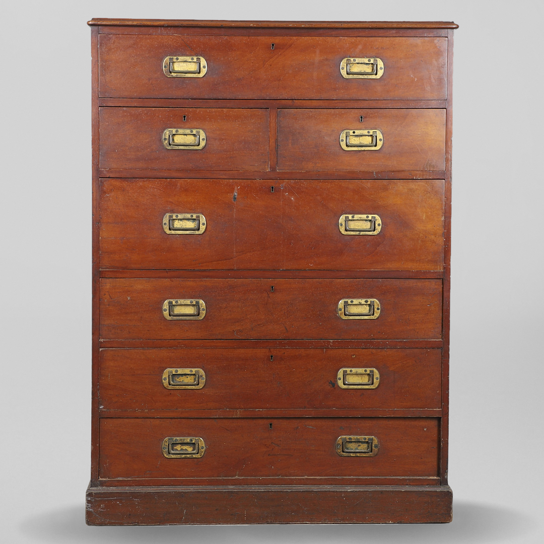A LATE 19TH CENTURY CAMPAIGN STYLE SECRETAIRE CHEST.