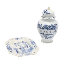 18THC DELFT PLAQUE & LIDDED SPICE JAR.