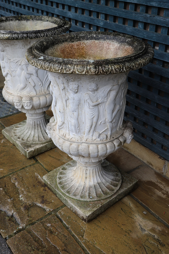 A PAIR OF PAINTED COMPOSITE MARBLE MEDICI STYLE URNS. - Image 11 of 13