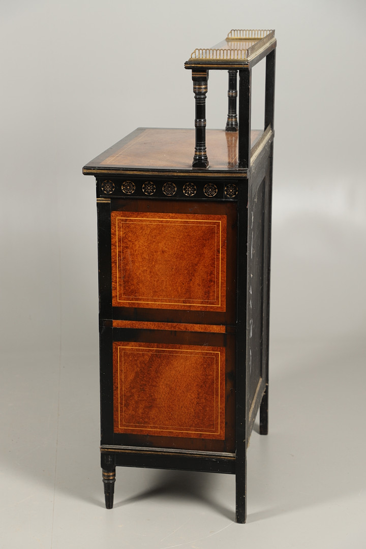 A LATE VICTORIAN AMBOYNA AND EBONISED MUSIC CABINET. - Image 9 of 10