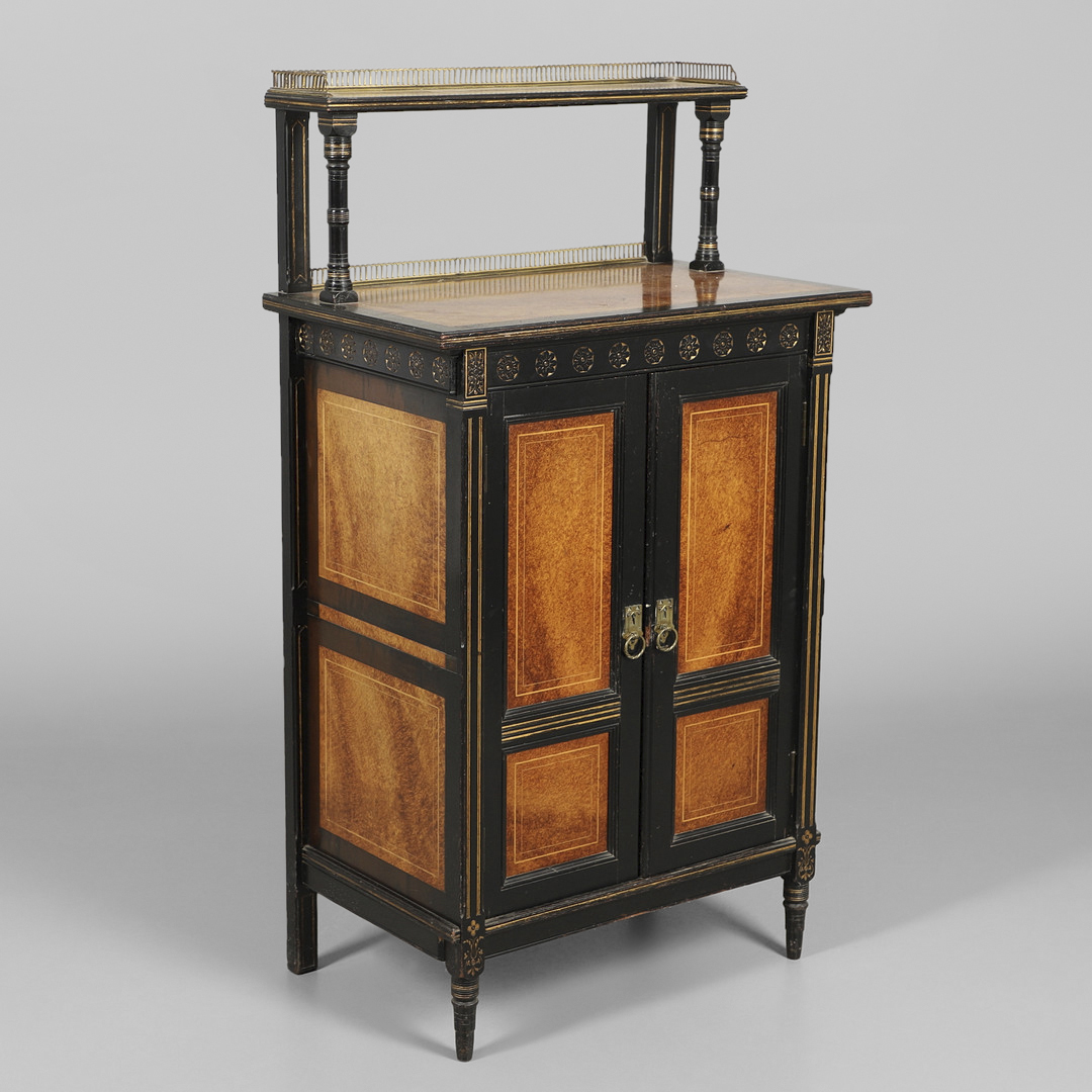 A LATE VICTORIAN AMBOYNA AND EBONISED MUSIC CABINET. - Image 2 of 10