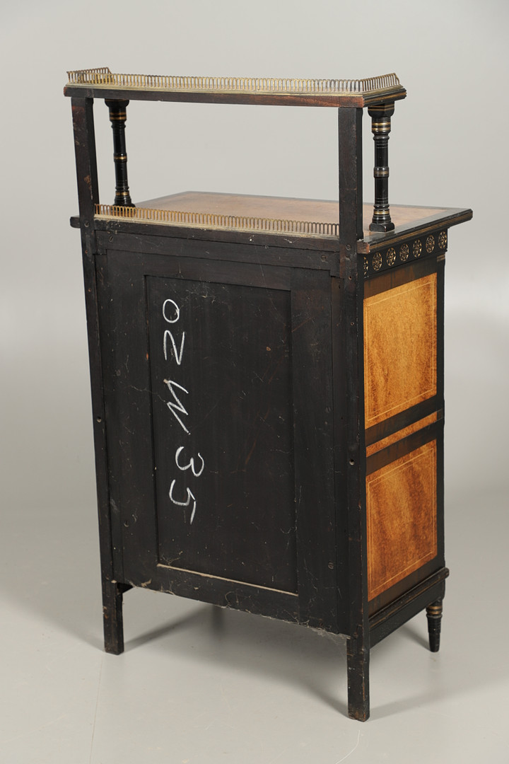 A LATE VICTORIAN AMBOYNA AND EBONISED MUSIC CABINET. - Image 10 of 10