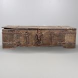A SUBSTANTIAL ANTIQUE OAK AND IRON STRAPWORK CHEST.