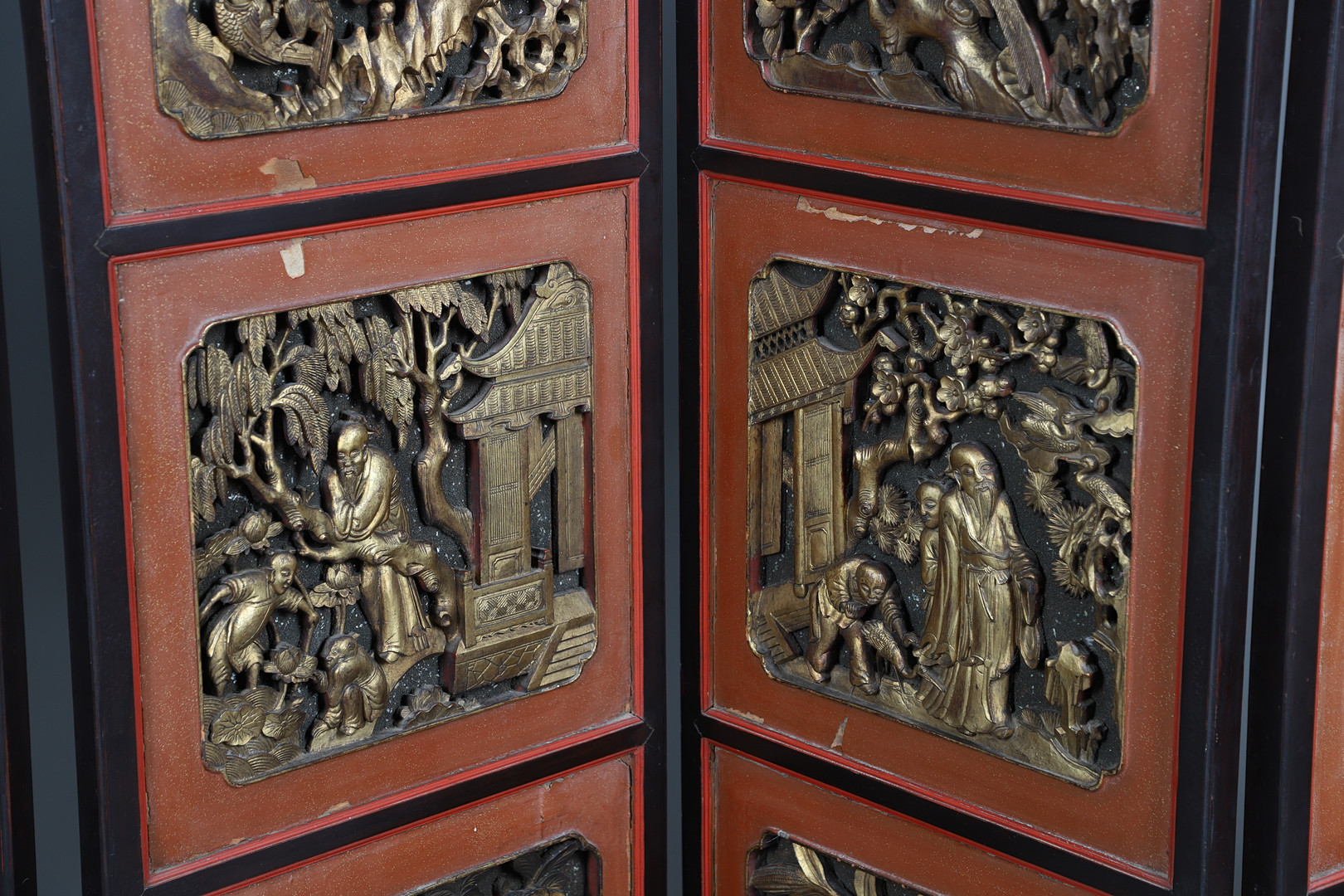 A CHINESE CARVED AND LACQUERED SIX FOLD SCREEN. - Image 13 of 24