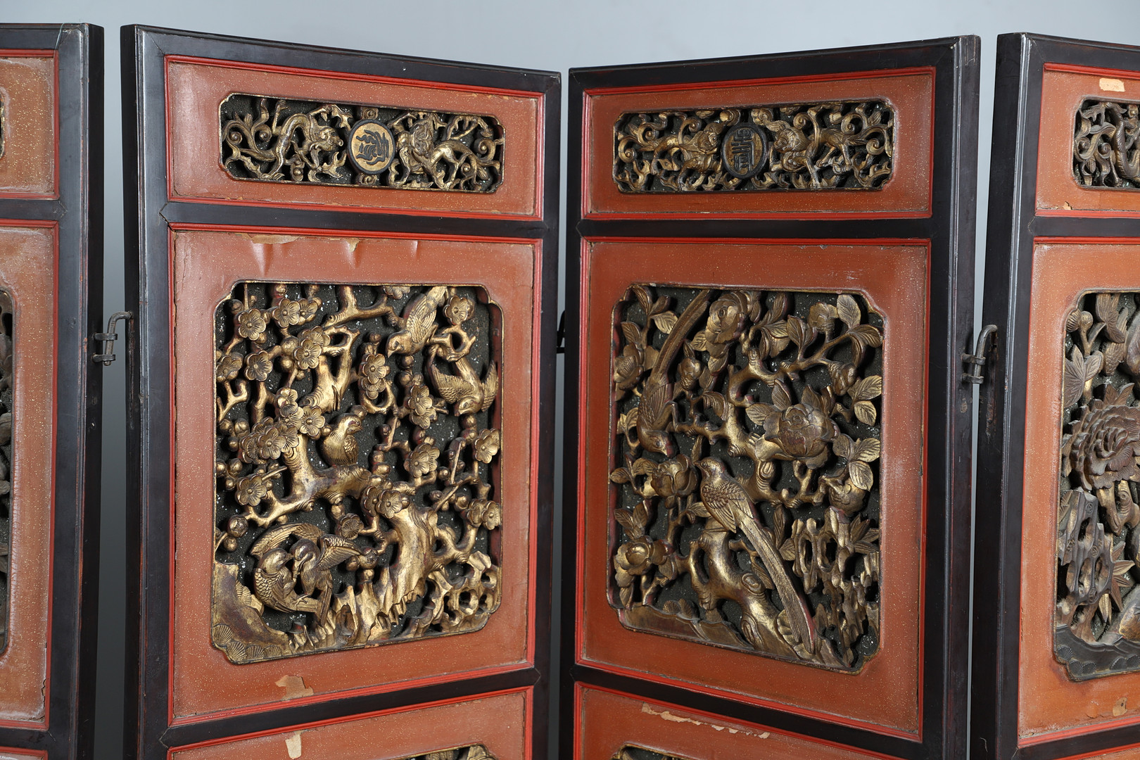 A CHINESE CARVED AND LACQUERED SIX FOLD SCREEN. - Image 12 of 24