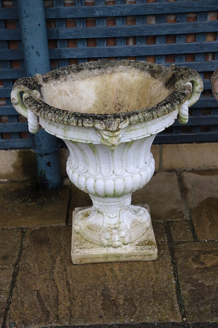 A PAIR OF PAINTED COMPOSITE MARBLE CAMPANA STYLE URNS. - Image 2 of 11