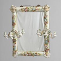 LARGE MEISSEN STYLE PORCELAIN WALL MIRROR - WALL SCONCES.