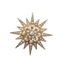 A VICTORIAN DIAMOND AND PEARL STAR BROOCH.