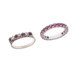 A RUBY AND DIAMOND HALF HOOP RING.