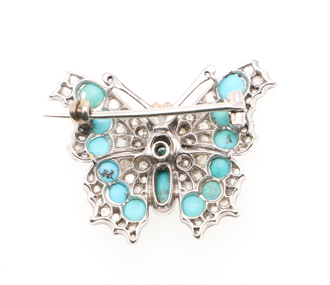 AN EARLY 20TH CENTURY TURQUOISE AND DIAMOND BUTTERFLY BROOCH. - Image 2 of 2