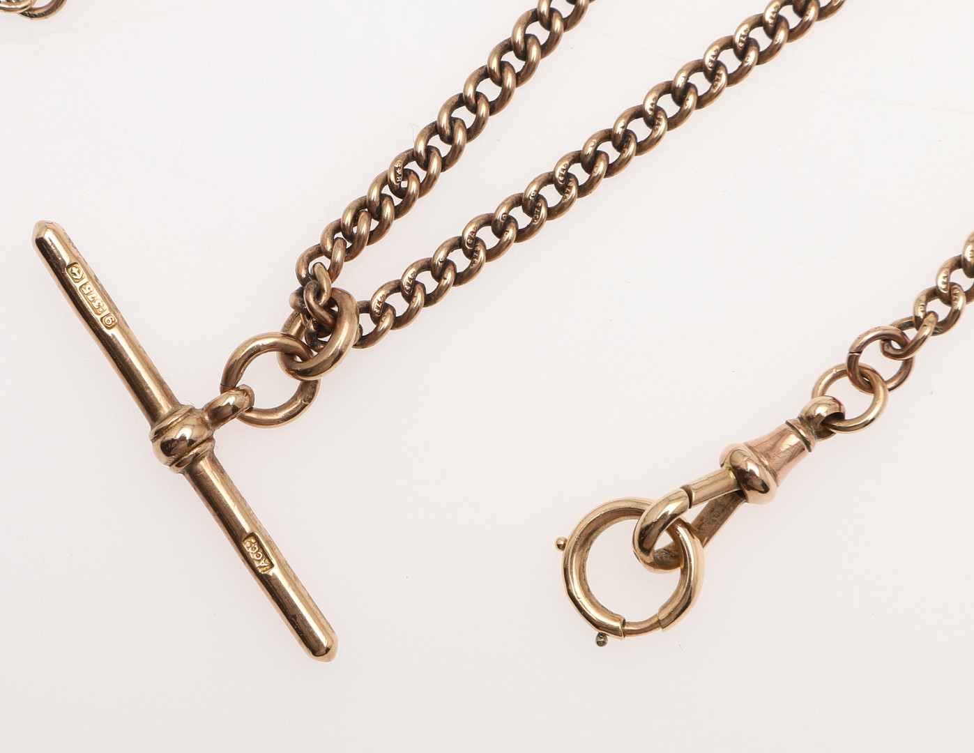 A 9CT GOLD CURB LINK WATCH CHAIN. - Image 2 of 2