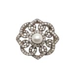 A VICTORIAN DIAMOND AND NATURAL PEARL BROOCH.