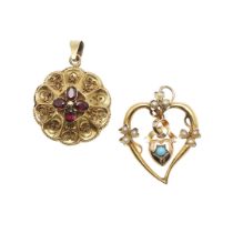 A GOLD, TURQUOISE AND PEARL WITCHES' HEART PENDANT.