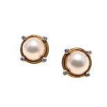 A PAIR OF MABE PEARL, 18CT GOLD AND DIAMOND EARRINGS.